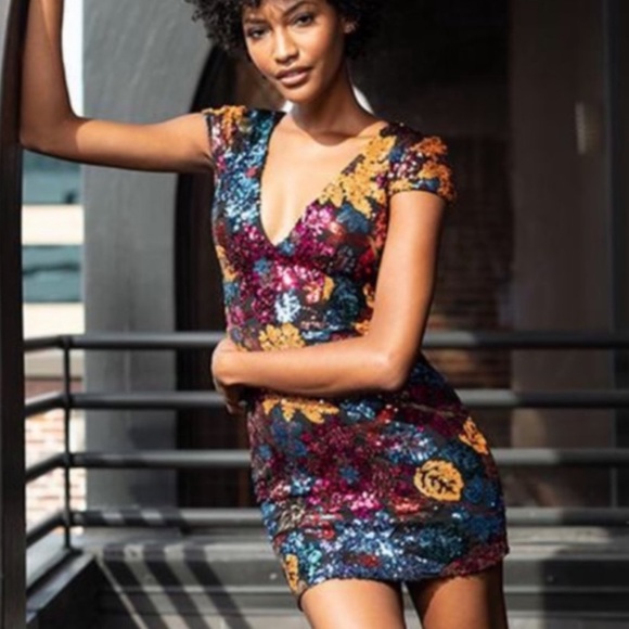 Dress The Population Sequin Mini Dress Floral Short Sleeve Small S New NWT V - Picture 2 of 15